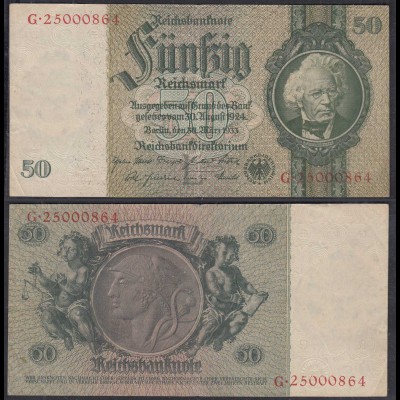 50 Reichsmark 1933 3. Reich Ro 175c Pick 182 VF+ (3+) Udr L - Serie G (29243