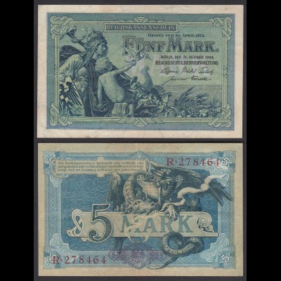 Reichsbanknote 5 Mark 1904 Ro 22a Pick 8 VF+ (3+) 6-stellig Serie R (29275