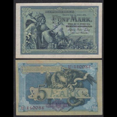 Reichsbanknote 5 Mark 1904 Ro 22a Pick 8 XF (2) 6-stellig Serie U (29276