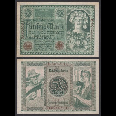 Reichsbanknote 50 Mark 1920 Ro 66 Pick 68 VF/XF (2/3) Udr X Serie: B (29313