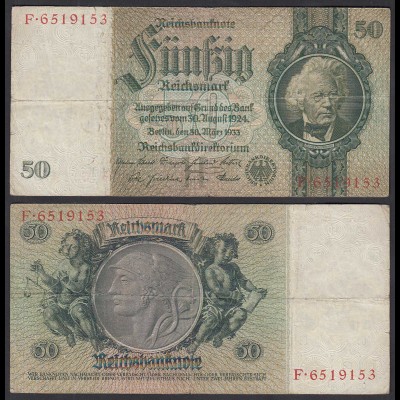 50 Reichsmark 1933 3. Reich Ro 175a Pick 182 VF- (3-) Udr H - Serie F (29382