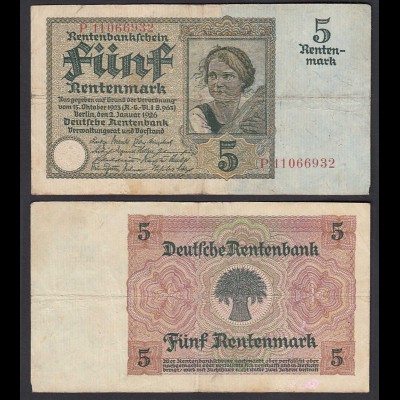 Rentenbankschein 5 Rentenmark 1926 Ro 164b Pick 169 F- (4-) Serie P (29398