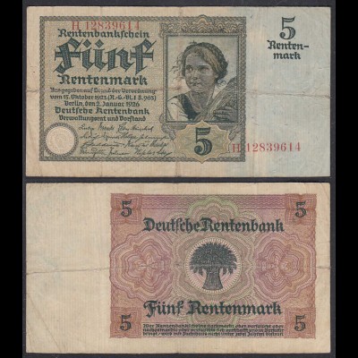 Rentenbankschein 5 Rentenmark 1926 Ro 164b Pick 169 F- (4-) Serie H (29400
