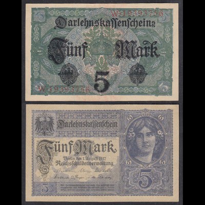 5 Mark Darlehskassenschein 1917 Ro 54c Pick 56 VF+ (3+) Serie W (29485