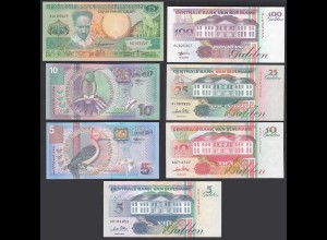 7 Stück Suriname - 5,5,10,10,25,25 + 100 Gulden Banknoten UNC Vögel Birds (29514