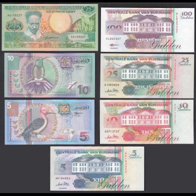 7 Stück Suriname - 5,5,10,10,25,25+100 Gulden Banknoten aUNC Vögel Birds (29514