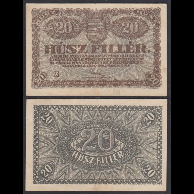 UNGARN - HUNGARY - 20 Filler Banknote 1920 Pick 43 VF (3) (29810