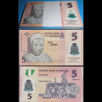 NIGERIA 5 Naira 2009 Pick 38b UNC (1) Bundle á 100 Stück Dealer Lot Polymer
