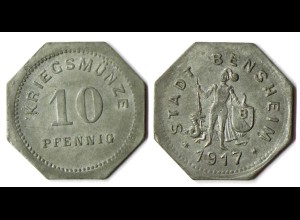 Bensheim 10 Pfennig Kriegsmünze Notgeld 1917 Zink Funck 34.3 (R898