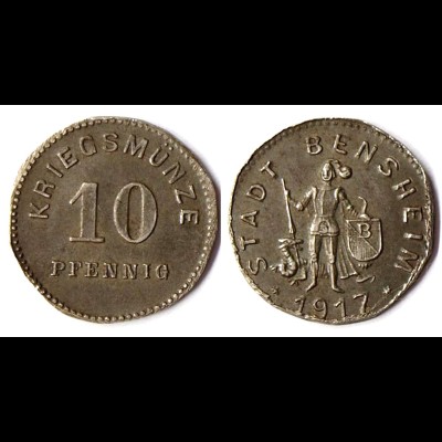 Bensheim 10 Pfennig Kriegsmünze Notgeld 1917 Eisen Funck 34.6 (R899