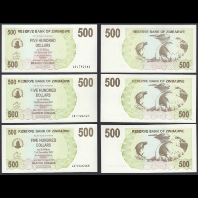 Simbabwe - Zimbabwe 3 Stück á 500 Dollars 2007 Pick 43 UNC (1) (29889