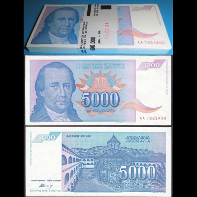 Jugoslawien - Yugoslavia Bundle á 100 Stück 5000 5.000 Dinara 1994 Pick 141a UNC
