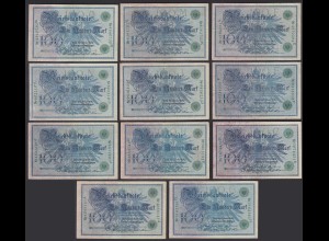 11 Stück á 100 Mark 1908 Ro 34 Pick 34 verschiedene Unterdruck Buchstaben