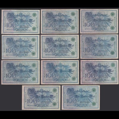 11 Stück á 100 Mark 1908 Ro 34 Pick 34 verschiedene Unterdruck Buchstaben