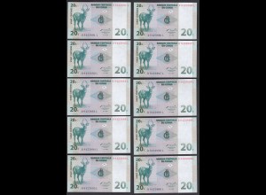 Kongo - Congo 10 Stück á 20 Centimes 1997 Pick 83 UNC (1) Antilope (89237