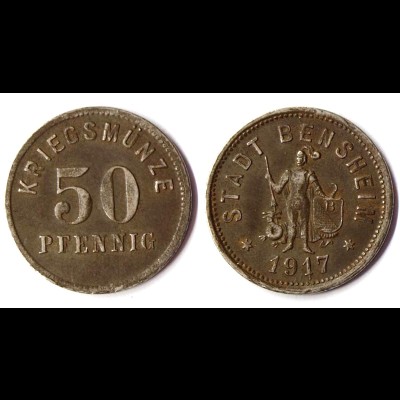 BENSHEIM 50 Pfennig Kriegsmünze Notgeld EISEN Funck 34.7 (R907