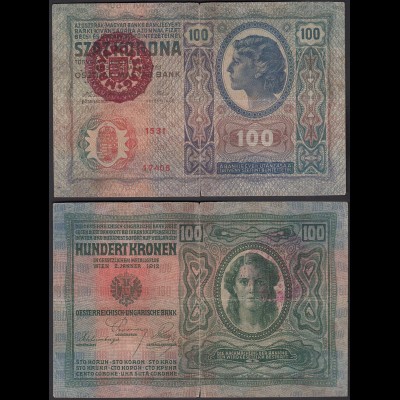 Ungarn - Hungary 100 Korona (1920) 1912 Pick 27 Aufdruck gebraucht (25068