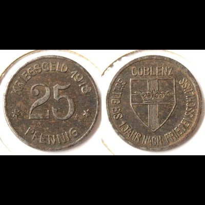 Coblenz (Koblenz) 25 Pfennig 1918 Kriegsgeld Notgeld Eisen Funk 80.2 (n739