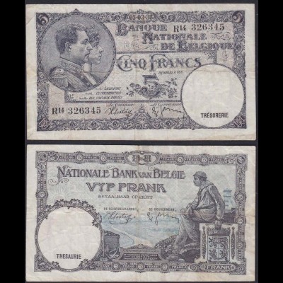 Belgien - Belgium 5 Francs Banknote 05.03.1938 R14 Pick 108 VF (13313