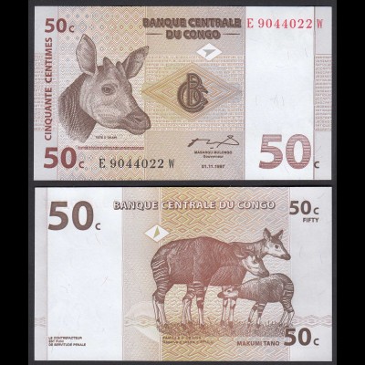 Kongo - Congo 50 Centimes 1997 Pick 84a UNC (1) Okapi (30135