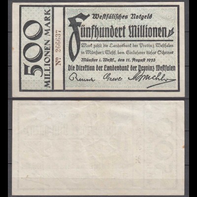 PROVINZ WESTFALEN Münster 500 Millionen Mark 1923 Notgeld 6-stellig braun (30108