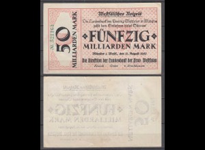 PROVINZ WESTFALEN Münster 50 Milliarden Mark 1923 Notgeld 6-stellig grün (30114