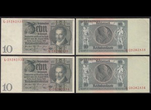 Ros.173b 2 Stück á 10 Mark Banknote 1929 im Paar XF+ (2+) Udr. E Serie L (30247