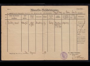 Bensberg 1889 Kreis Mühlheim Rhein Abmelde-Bescheinigung Polizei Verw. (24058