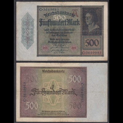 Ros. 70 Reichsbanknote - 500 Mark 1922 Pick 73 F/VF (3/4) (29795