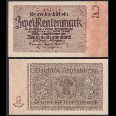 Ros 167b Rentenbankschein Deutsches Reich 2 Rentenmark 1937 aXF (2-) Serie G
