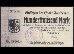 Kaufbeuren Stadt 100 tausend Mark 1923 Notgeld Gutschein VF (13835