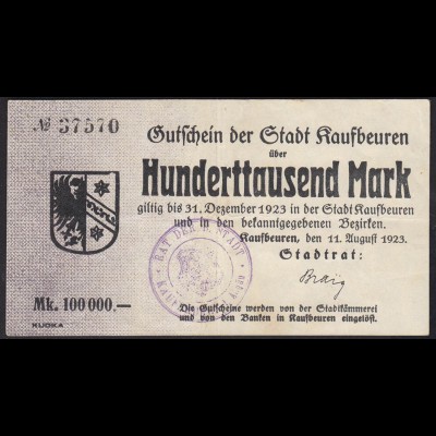 Kaufbeuren Stadt 100 tausend Mark 1923 Notgeld Gutschein VF (13835