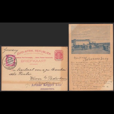 Südafrika 1 Penny Ganzsache m.Zusatzfrankatur AK Johannesburg 1903 nach Wewer