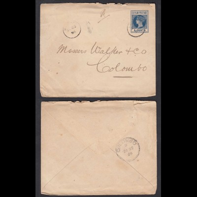 Ceylon 1895 alte 5 Cent Ganzsache Postal History STATIONERY COVER nach Colombo