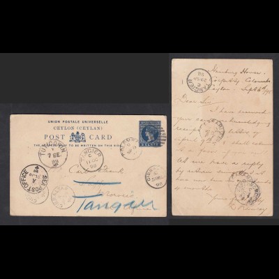 Ceylon 1898 alte 5 Cent Ganzsache Postal History STATIONERY Card m. Umleitungen