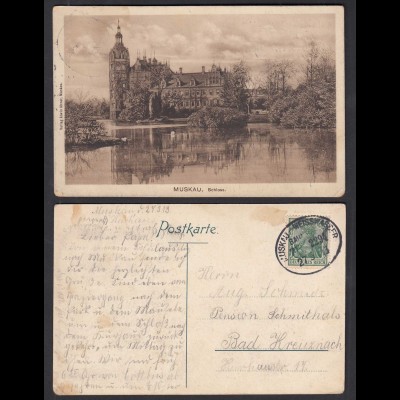 AK MUSKAU mit Schloss und Teich 1913 Bahnpoststempel (30483