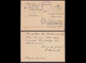 1945 Behelfsausgabe 6 Rpf. Ganzsache SENDENHORST Postamt Bez. Münster Bedarf