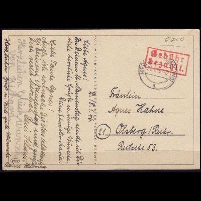 Gebühr bezahlt Medebach Sauerland 21.1.1946 nach Olsberg (6142