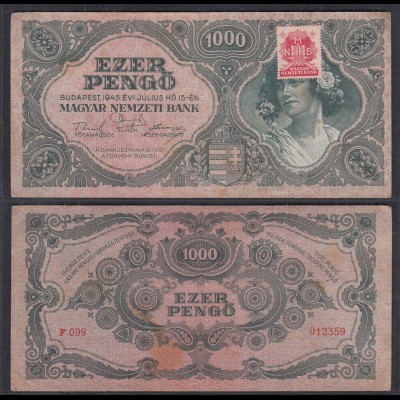 UNGARN - HUNGARY 1000 Kronen 1945 VF (3) m.Briefmarke Pick 118b (29101