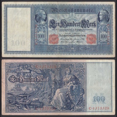 Ro 35 - 100 Mark Reichsbanknote 7.2.1908 - Serie: C Pick 35 VF- (3-) (30730