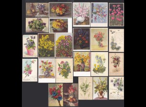 AK 24 Stück alte Ansichtskarten Blumen-Motive meist gelaufen (27728
