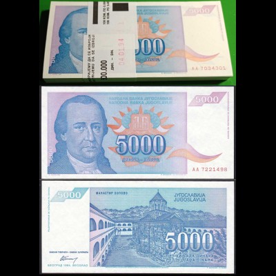 Jugoslawien - Yugoslavia Bundle 100 Stück 5000 Dinara 1994 Pick 141 UNC (1)