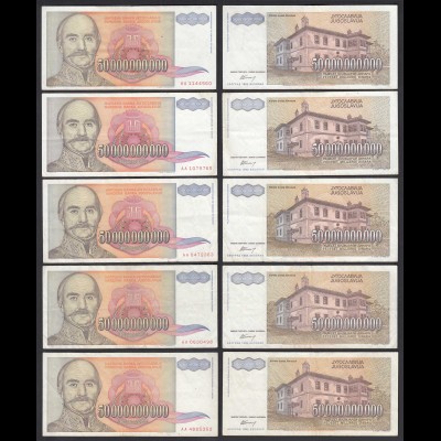 Jugoslawien - Yugoslavia 5 Stück á 50-Milliarden Dinara 1993 Pick 136 (30906
