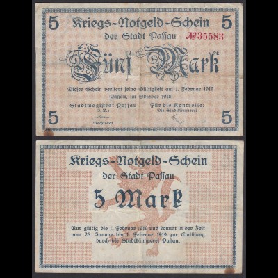Passau-Stadt 5 Mark 1918 Kriegs-Notgeld-Schein (31074