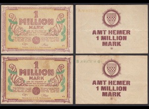 Hemer Amtskasse 2 Stück 1 Million Mark Serie A + B 1923 Notgeld Starnoten
