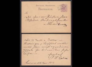 1878 Bahnpost TÖNNING - JÜBECK L3 Kurs II Postkarte nach Flensburg (30427