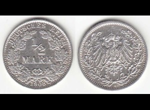 1/2 Mark Kaiserreich EMPIRE 1908 A Silber Jäger 16 (31407
