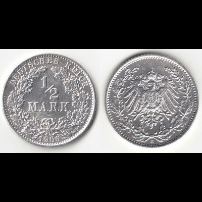 1/2 Mark Kaiserreich EMPIRE 1906 E Silber Jäger 16 (31408