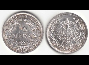 1/2 Mark Kaiserreich EMPIRE 1916 A Silber Jäger 16 (31439