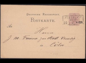 1875 STEINACH I. SACHS. MEINING R3 nach Köln 5 Pfennige. Ganzsachenkarte (31465